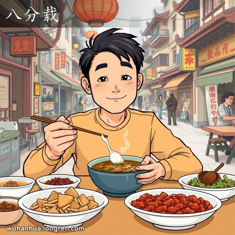 一位武汉男子在餐桌前，手持筷子和几乎吃完的碗，露出满意的表情，背景是武汉街景