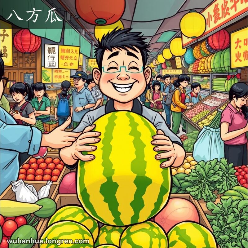 武汉市场摊位上，摊主展示一种名为“八方瓜”的大型甜瓜，顾客兴致勃勃地查看。