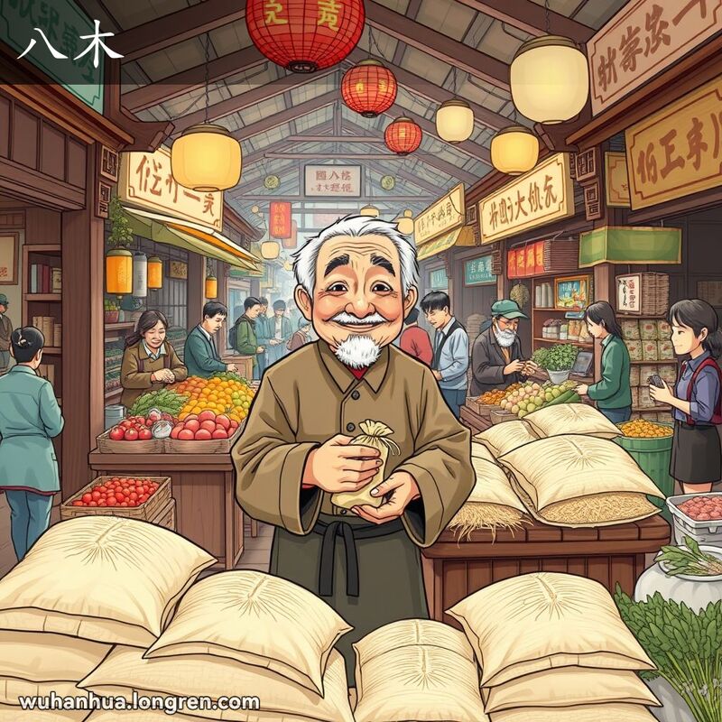 武汉老市场中，一位老人站在米摊前，手持一袋米，背景有其他摊贩和顾客