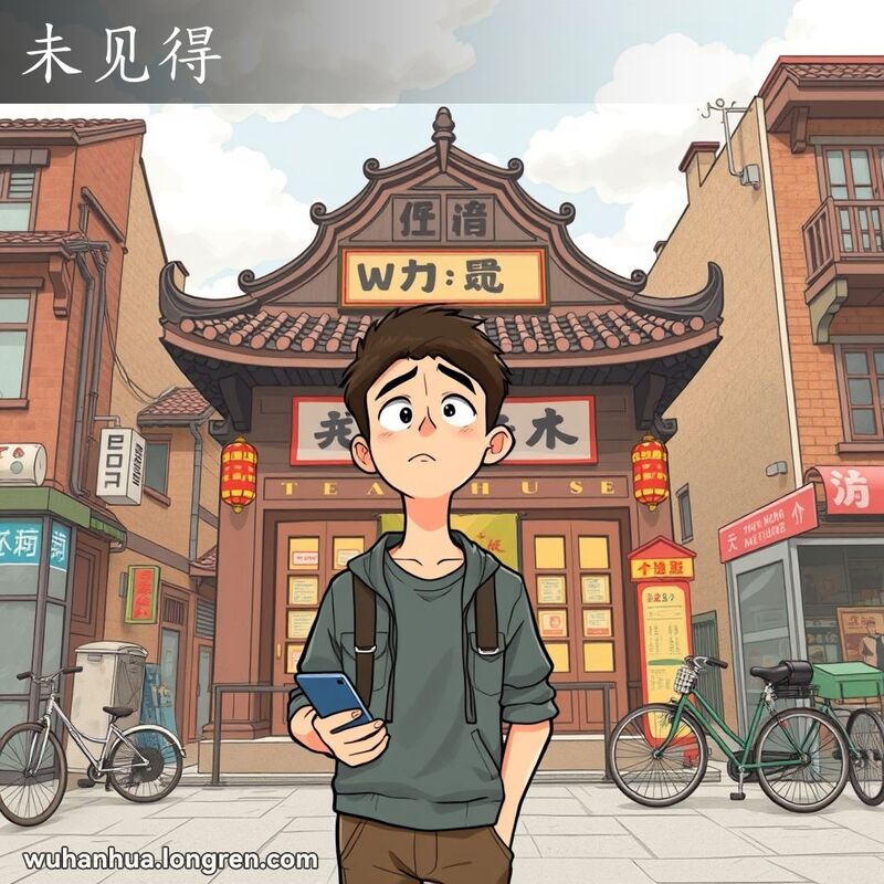 一位年轻人站在武汉茶馆前，手持手机，仰望天空，露出困惑的表情，背景是武汉老街景和多云的天空。
