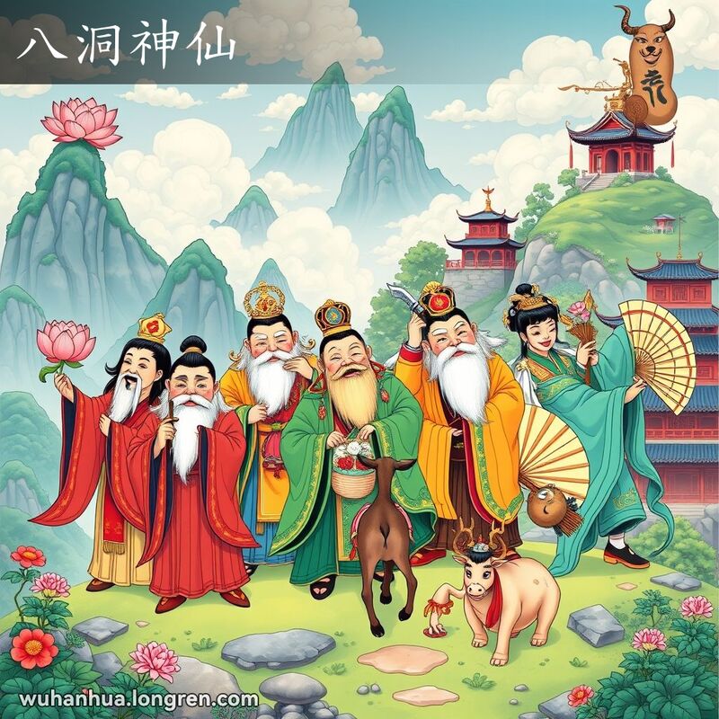 八仙神话人物站在山水背景前，每人持有不同的道具，画风结合国画和漫画。