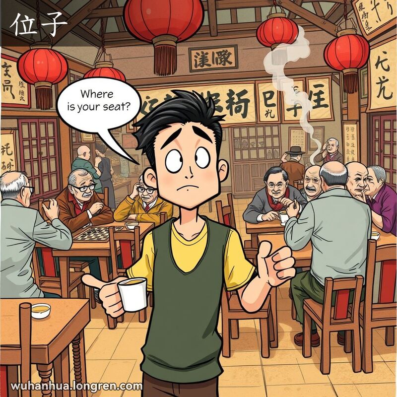 武汉茶馆内，年轻人手持茶杯寻找空位，背景有老年人下棋和其他顾客享受茶点。