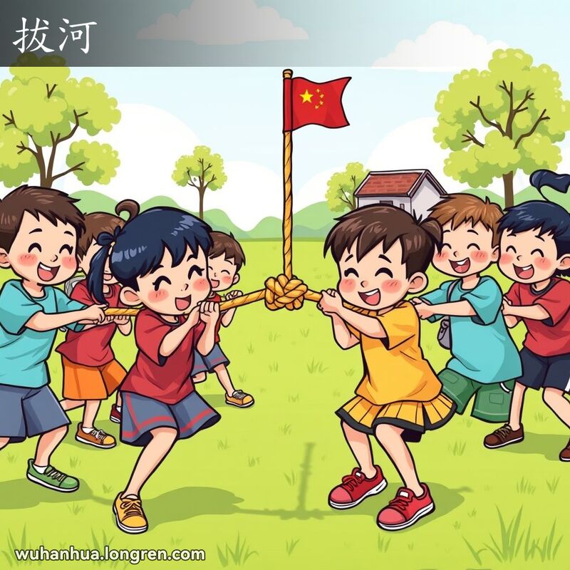 一群武汉儿童在户外进行拔河比赛，背景是阳光明媚的草地和树木。