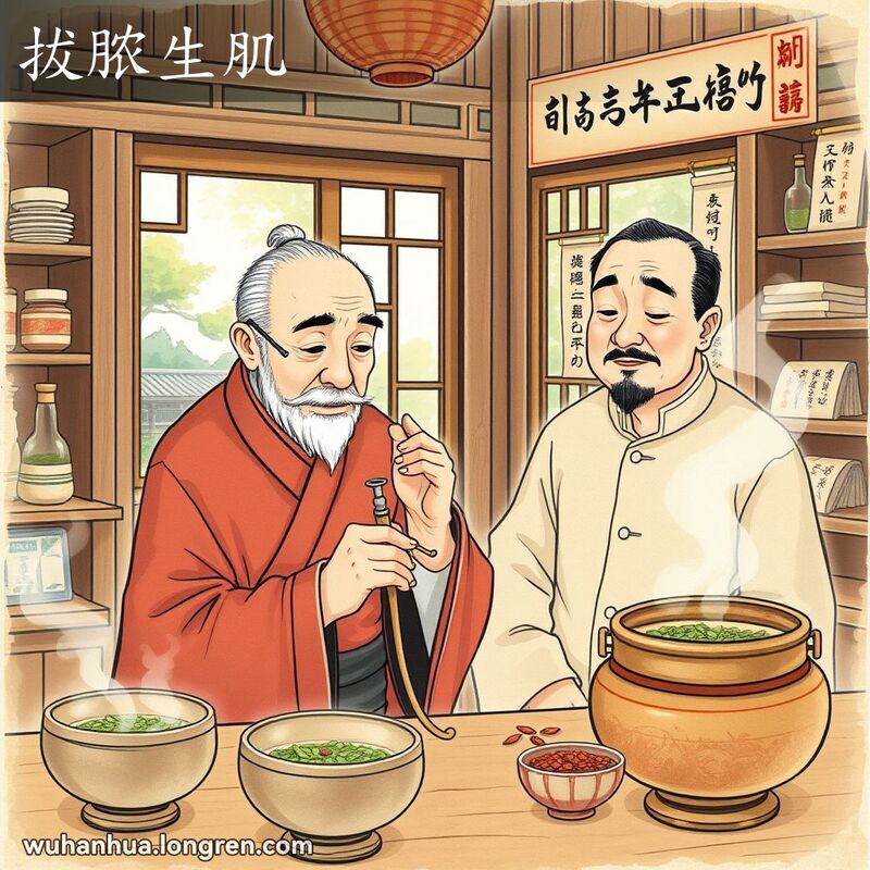 一位中医医生在武汉的诊所里为病人挤出脓液，病人露出如释重负的表情，旁边有一碗冒着热气的草药汤，背景是宁静的庭院。