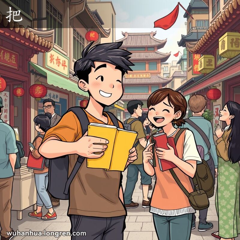一位年轻人在武汉街头递书给朋友，背景是一群人聚在一起聊天，象征社区团结