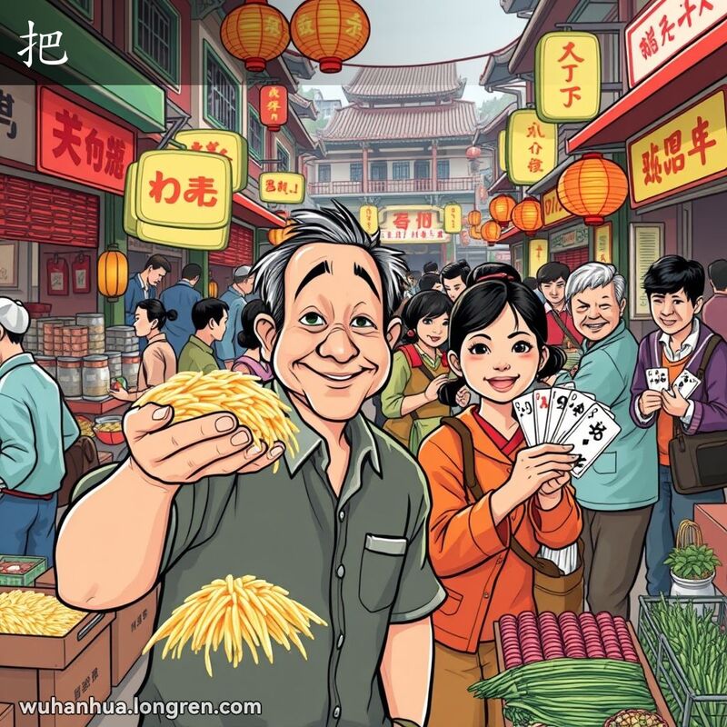 武汉街市场景，男子手握一把米，女子手持一把刀，背景中有人打牌，手持一把好牌。