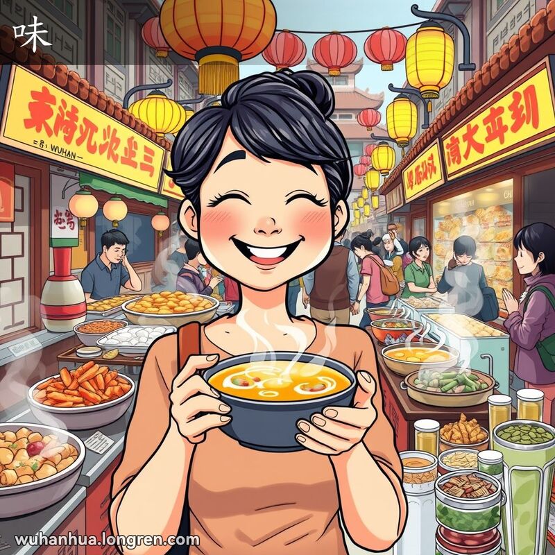 一个热闹的武汉街头市场，市场上有各种美食摊位，展示着不同种类的本地美食。前景中，一位快乐的女子手持一碗冒着热气的汤，微笑着深吸一口气，享受着香气。