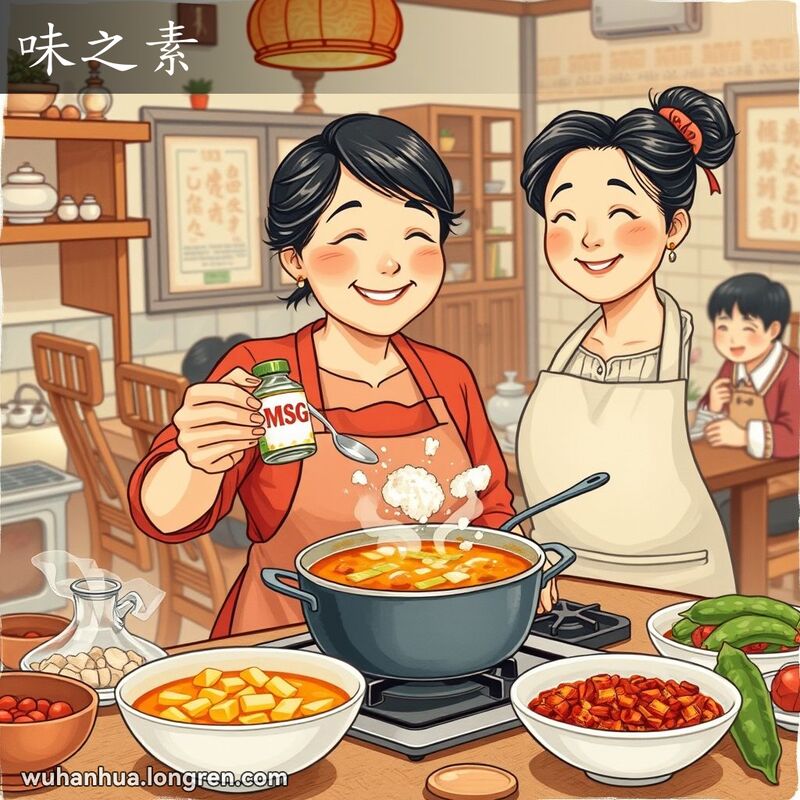 一位中年妇女在厨房中准备加入味精到汤锅中，背景是温馨的家庭厨房场景
