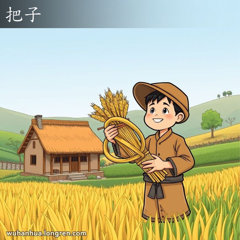 一位武汉农民站在农舍前，手持用麦秆和细碎枝叶捆成的8字形燃料捆——“把子”，背景是麦田和稻田。