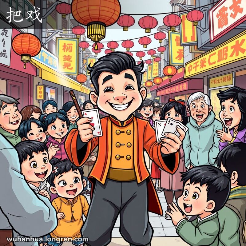 一位魔术师在武汉街头表演魔术，观众惊讶地观看，背景是热闹的街头氛围