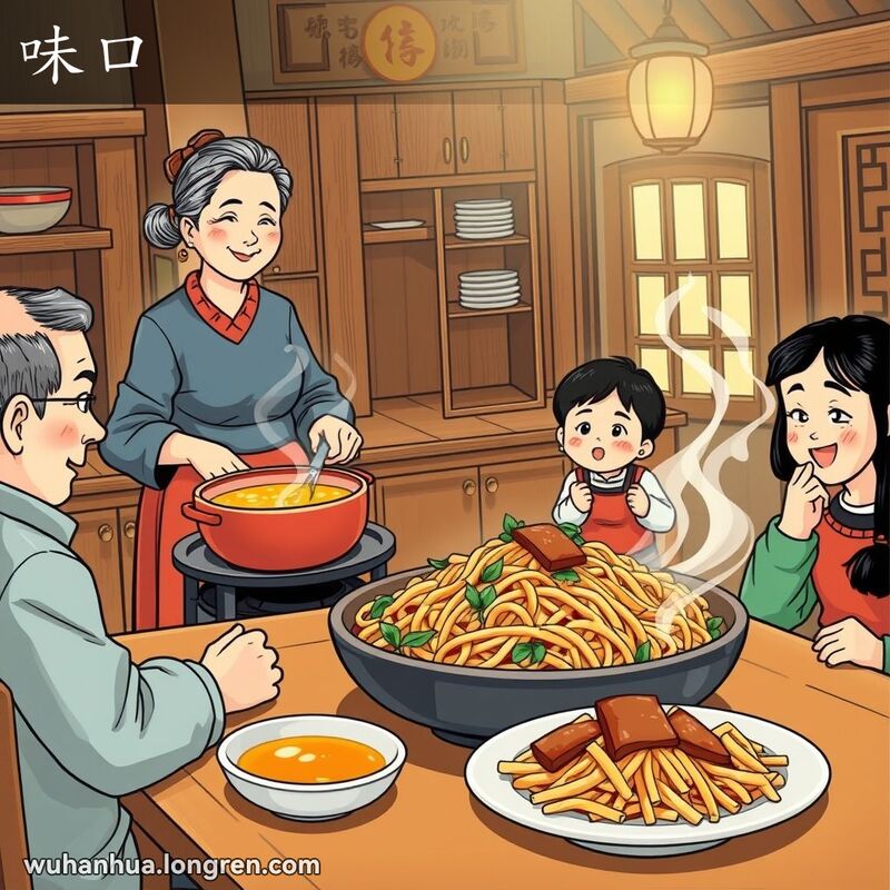 一位中年妇女在武汉传统厨房煮汤，家人围坐在桌旁等待品尝美食，背景是温馨的家庭氛围。