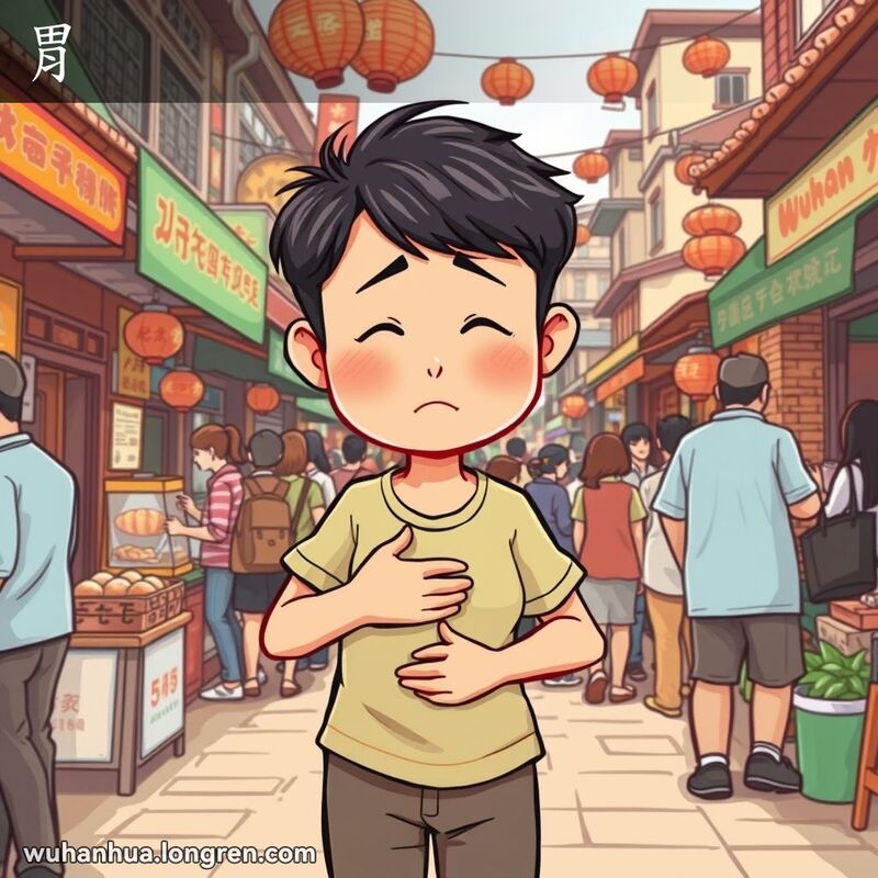 一位武汉市民在街边市场中捂着肚子，表情不适，背景是热闹的街头小吃摊和老建筑