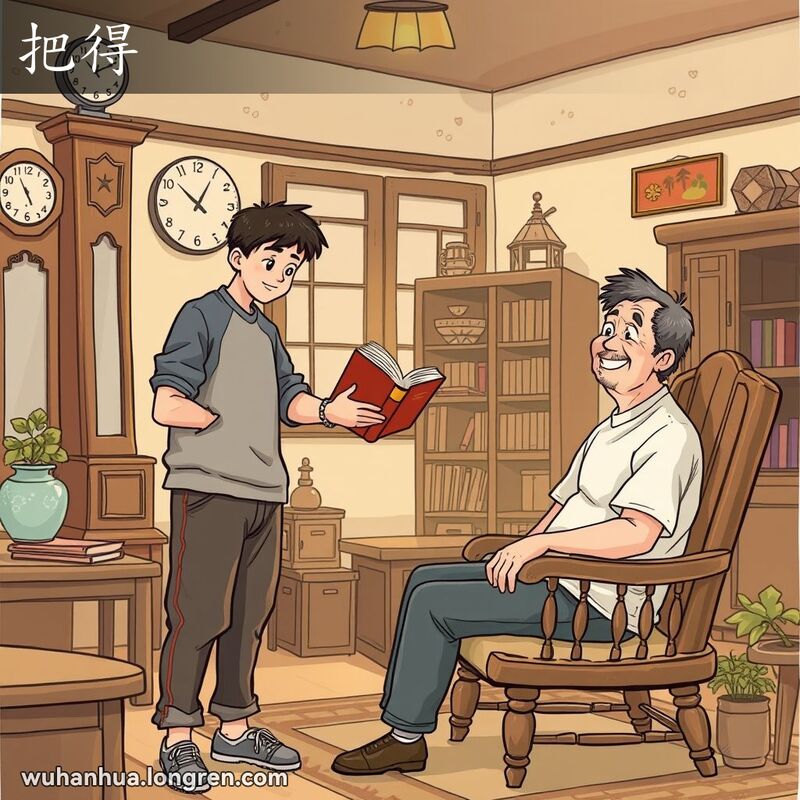 一位年轻人在武汉传统客厅中递书给另一位微笑的人，背景有老式家具和装饰