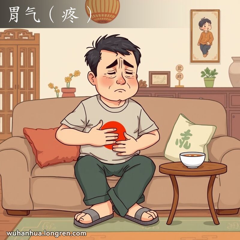 一位中年男子坐在沙发上，捂着肚子，面露痛苦的表情，背景是温馨的家庭环境，桌上有草药茶和粥。