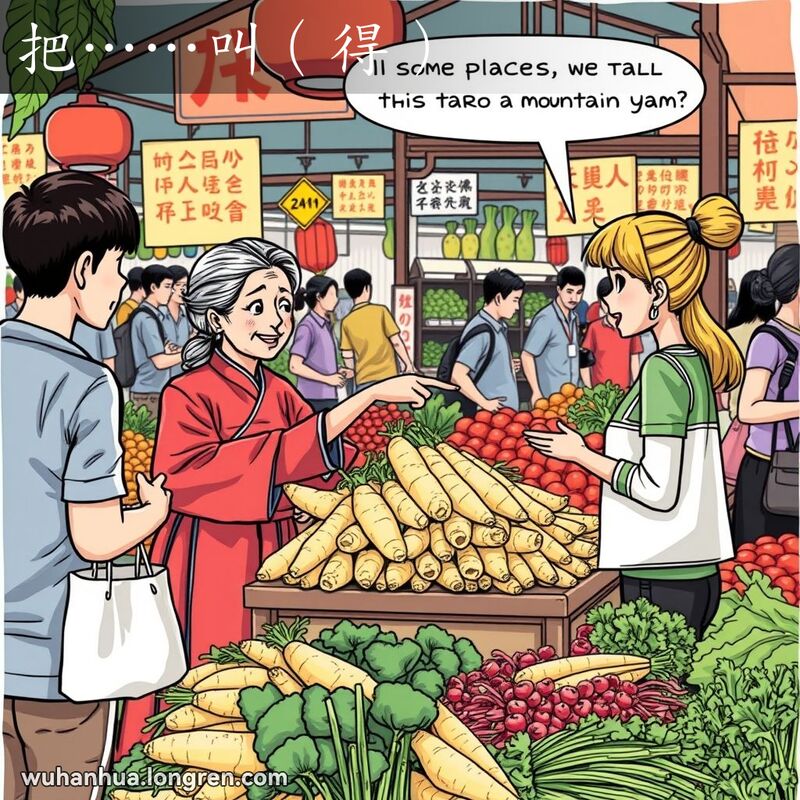 一个中年妇女在武汉市场向年轻顾客介绍芋头，背景是忙碌的市场场景