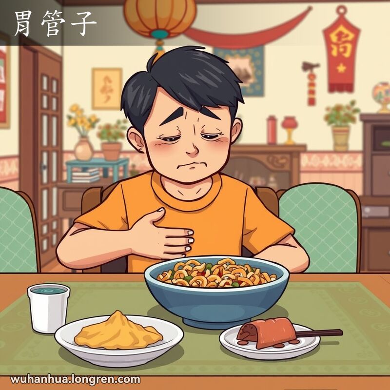 一位武汉市民坐在餐桌旁，手捂着肚子，露出痛苦的表情，望着一碗吃了一半的食物，背景是温馨的家庭环境