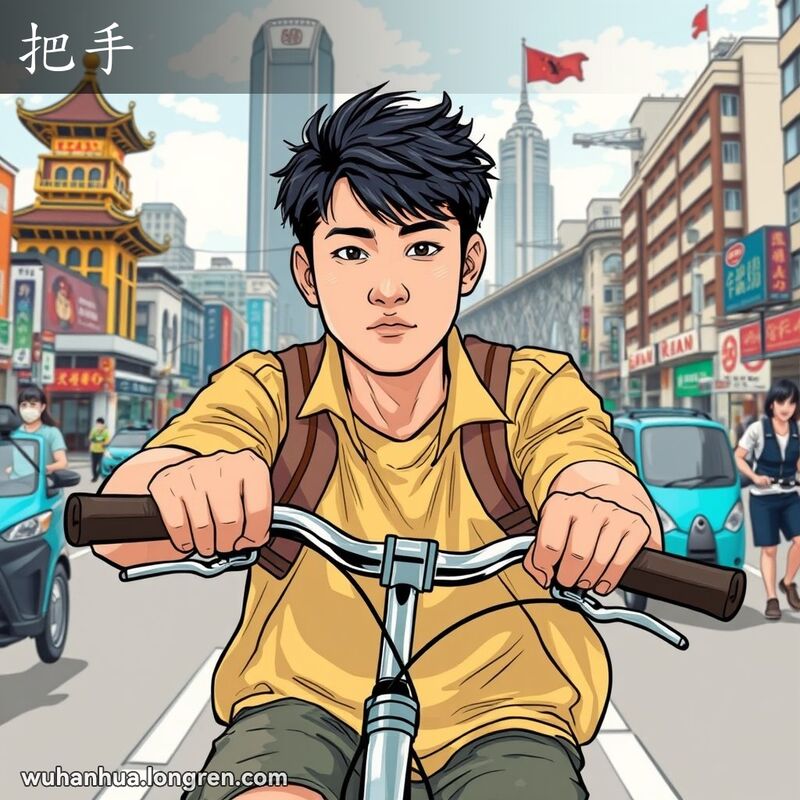 一位年轻男子骑着自行车穿行在武汉街道上，手握自行车把手，背景是黄鹤楼和长江大桥