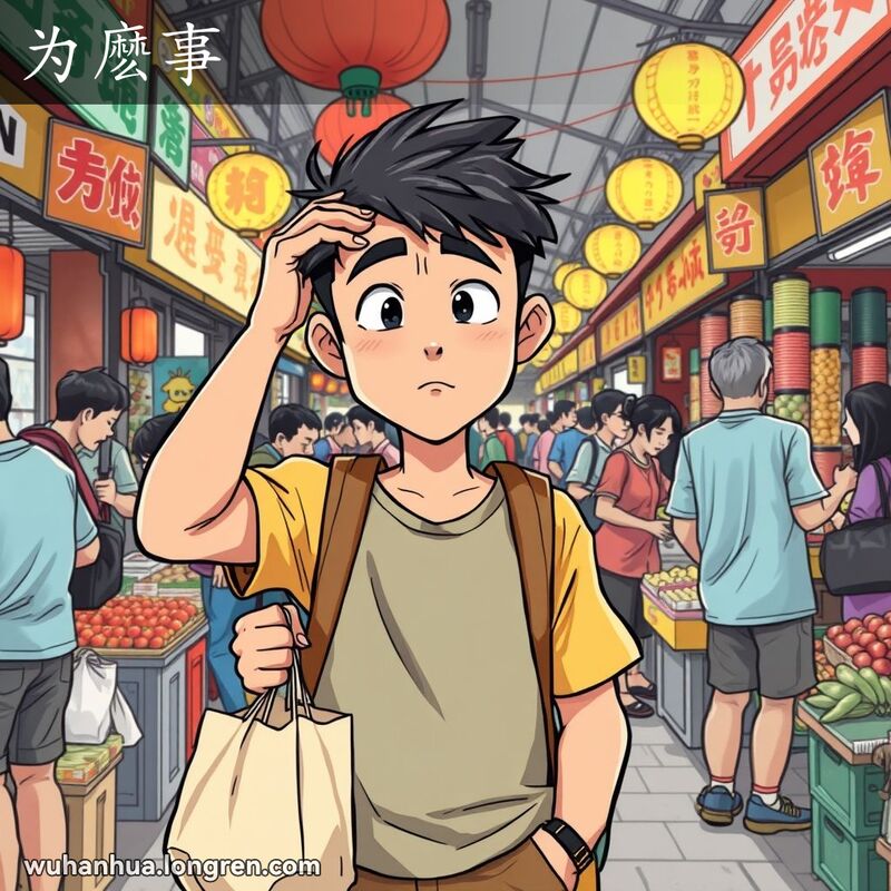 一位年轻的武汉市民在市场中提着购物袋，露出困惑的表情，背景是繁忙的市场场景