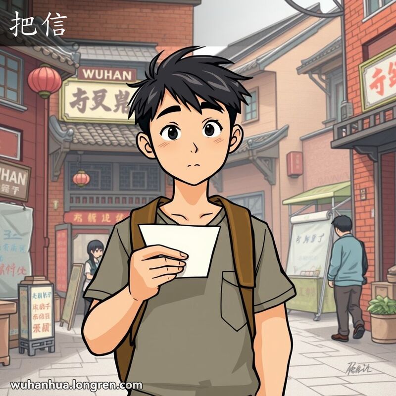 一位年轻男子站在武汉老街前，手持纸条，准备传递信息，背景是武汉老街景