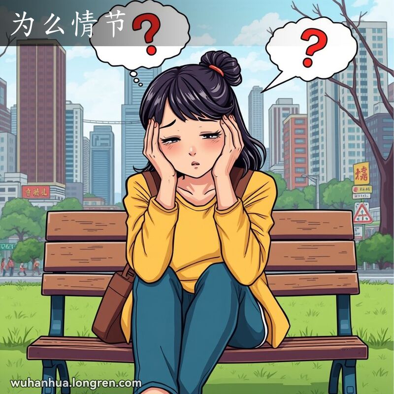一位年轻女性坐在公园长椅上，双手抱头，面露疲惫和沮丧的表情，背景是繁忙的城市景象，象征着生活的忙碌。