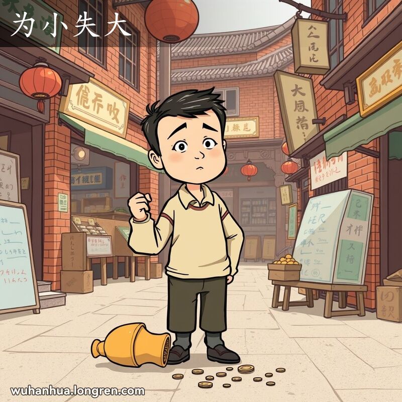 一位男子站在武汉老街市中，手持硬币望着破碎花瓶，表情懊悔，背景是武汉老街景