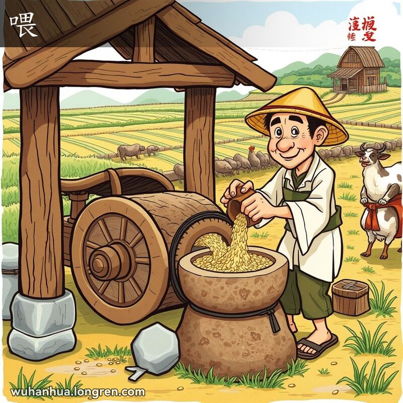 一位武汉农民在磨坊前推磨盘并倒粮食，背景是田野和农场动物