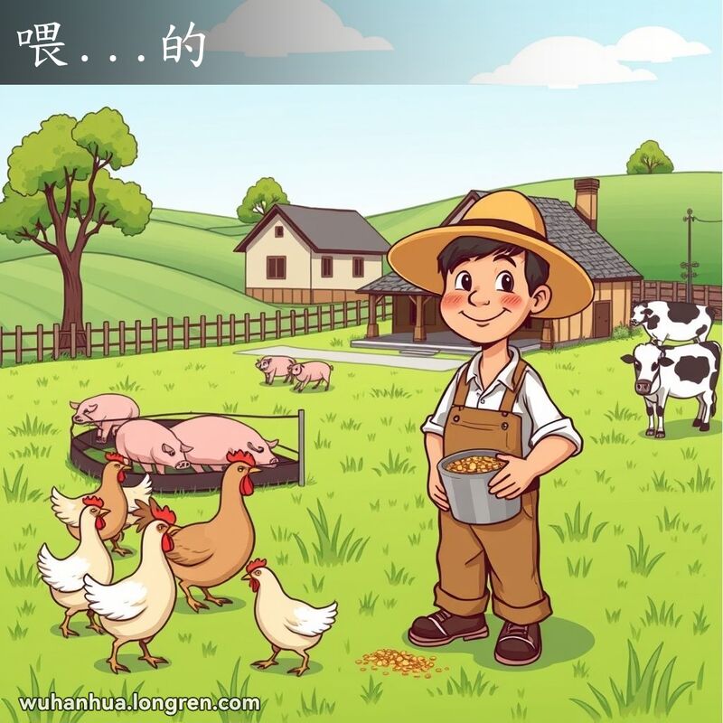 一位武汉农民在农场中喂养鸡、猪和牛，背景是绿油油的田野和晴朗的蓝天