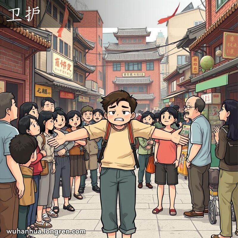 一位武汉市民在街头为受到批评的人辩护，伸出双臂保护对方，背景是武汉老街景