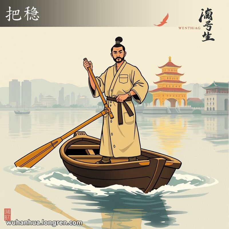一位武汉男子在长江上稳健地撑船，背景是黄鹤楼和武汉城市景观，表现出“把稳”的稳重和可靠。