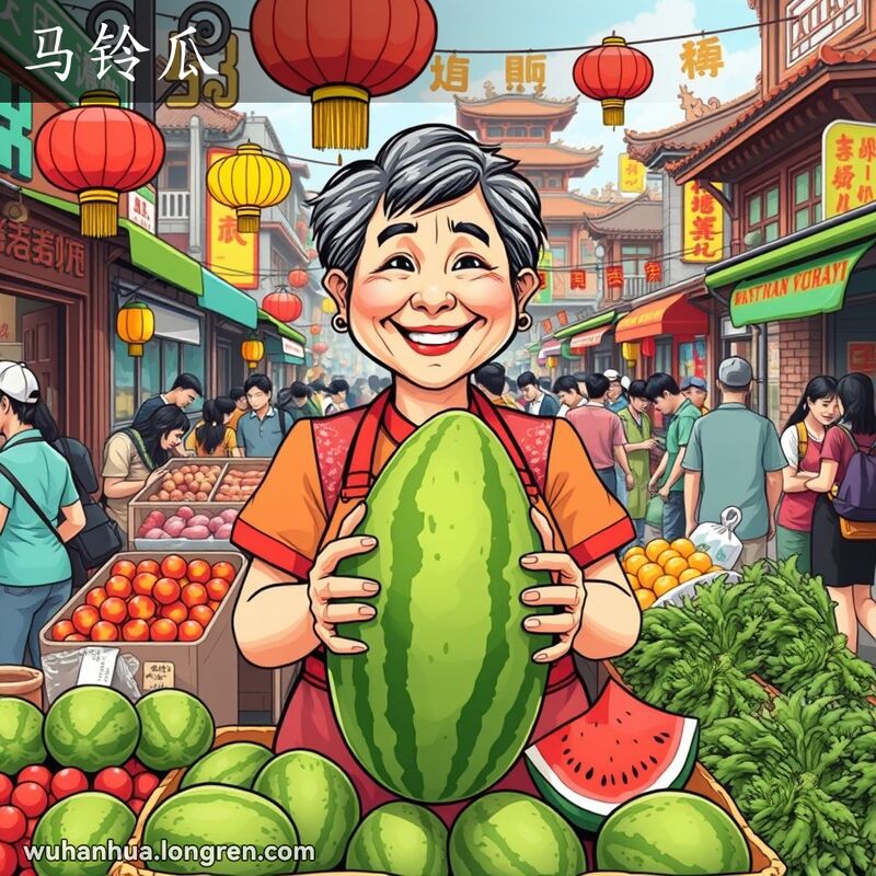 武汉街头市场，摊主捧着长形西瓜“马铃瓜”，背景是热闹的市场和传统建筑。