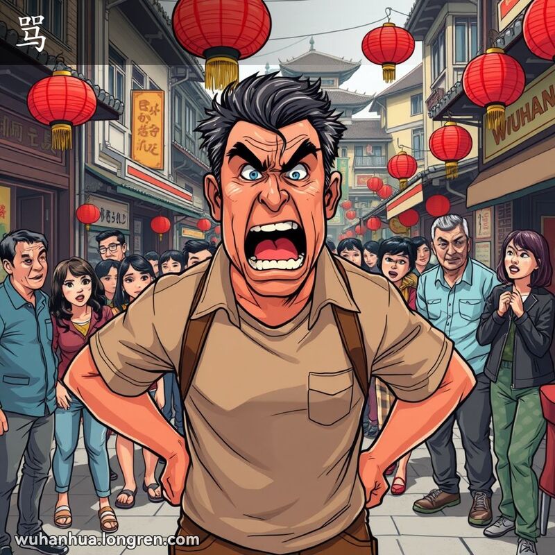 一位中年男子在武汉街头愤怒地大声呵斥，背景是传统街景和围观的人群