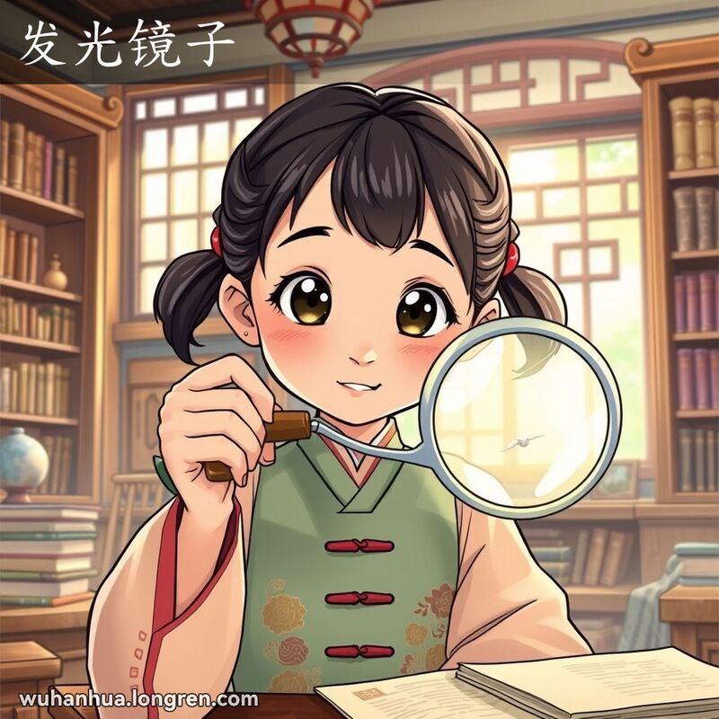 一位穿着传统服饰的武汉小女孩手持发光镜子观察小物件，背景是温馨的书房