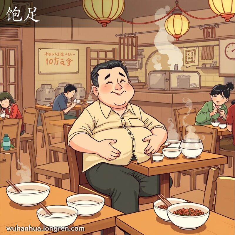 一位中年男子在武汉餐馆里满足地微笑，桌上摆满空碗，背景是忙碌的厨房和其他食客。