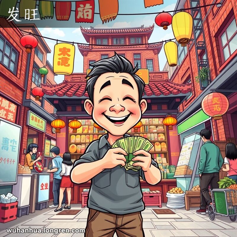 一位中年男子站在繁忙的武汉市场街道前，手持钞票，背景是生意兴隆的店铺和忙碌的行人，象征着“发旺”的繁荣景象。