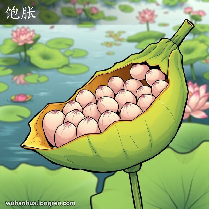 一个饱满的莲蓬，种子鼓鼓的，背景是宁静的湖泊和莲花