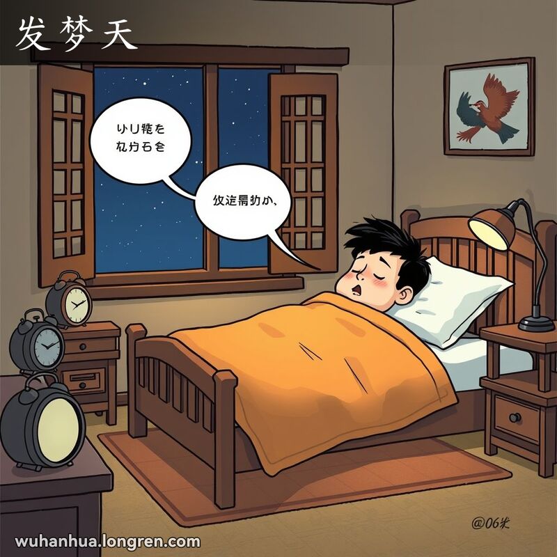 一个人在床上熟睡，嘴巴微张，正在说梦话，背景是温馨的卧室