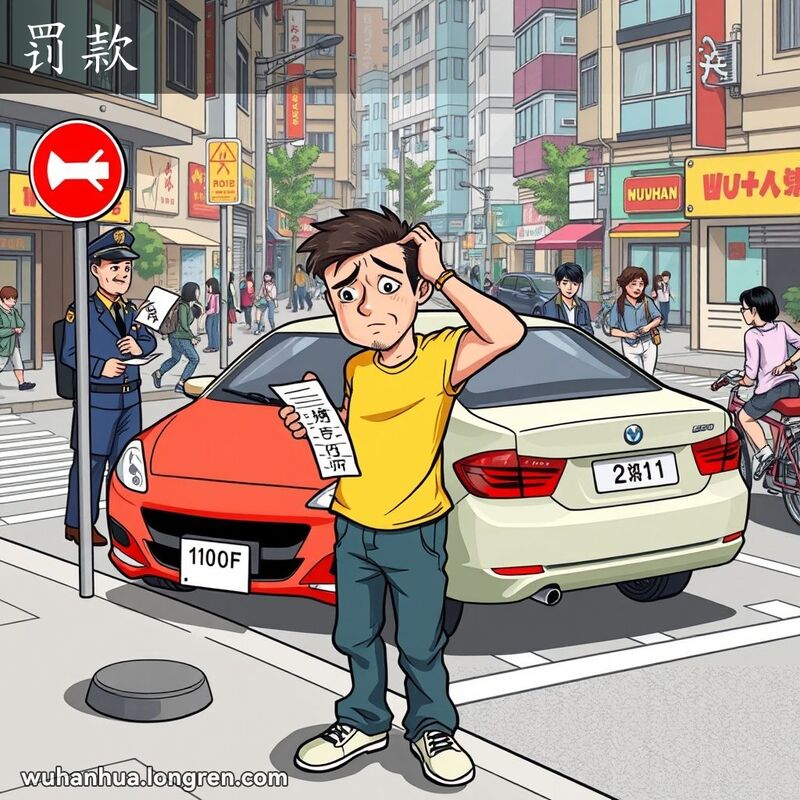一位男子站在禁停区的车旁，手拿罚单，露出懊恼的表情，背景中有交警在开罚单