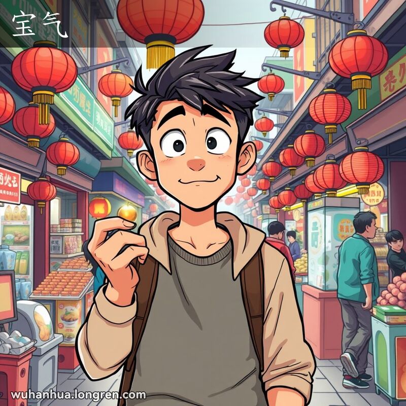一位年轻男子在武汉街头市场中手持小物品，露出困惑和滑稽的表情，背景是繁忙的市场摊位和红灯笼