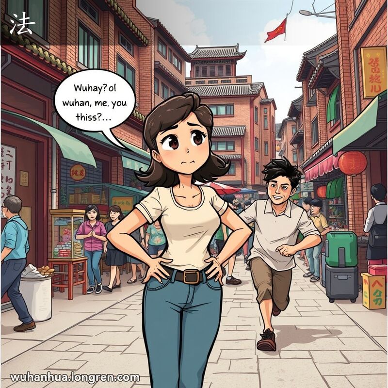 一位武汉女子站在街头，双手叉腰，露出困惑和不满的表情，望着一个匆忙跑开的男子，背景是武汉的传统街景。