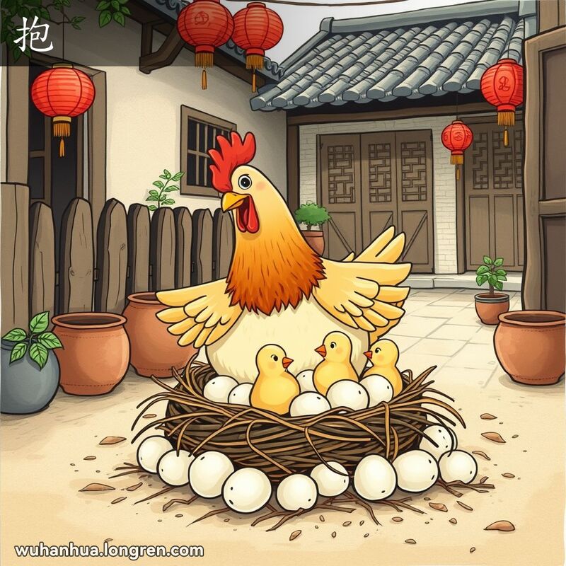 一只母鸡在武汉传统院落中孵蛋，周围有几只小鸡，背景是乡村木栅栏和传统中式房屋。