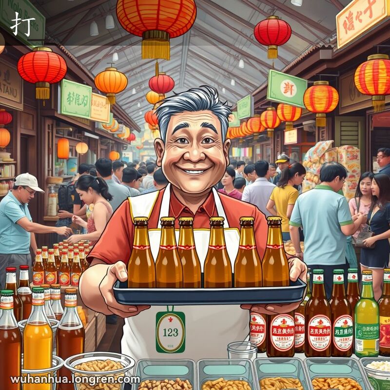 武汉传统市场中，一位中年男子手持托盘，托盘上整齐摆放着十二瓶啤酒，背景是热闹的市场场景。