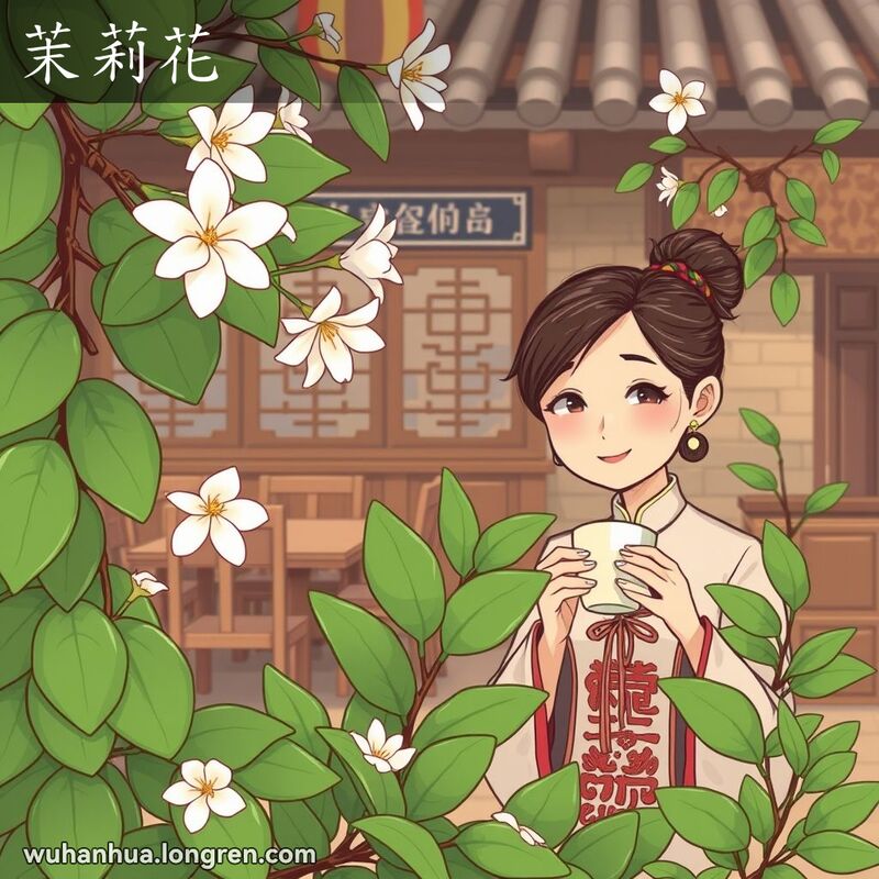 一丛常绿灌木，叶子呈卵形或椭圆形，夏季开满白色的茉莉花，花香浓郁。背景是一家传统的武汉茶馆，木质桌椅上，一位穿着传统服饰的武汉女子正在享用用茉莉花熏制的茶。