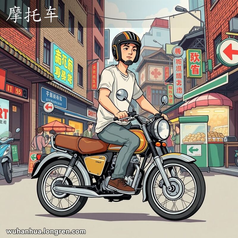 一位年轻男子骑着摩托车行驶在武汉的繁忙街道上，背景是老街景和小摊贩