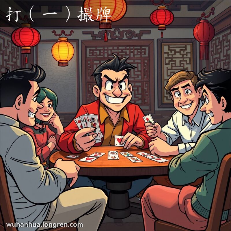 一群朋友围坐在桌旁打牌，主角手持一副牌，脸上带着狡猾的笑容，其他玩家用怀疑的眼神看着他，背景是温馨的中式装饰。