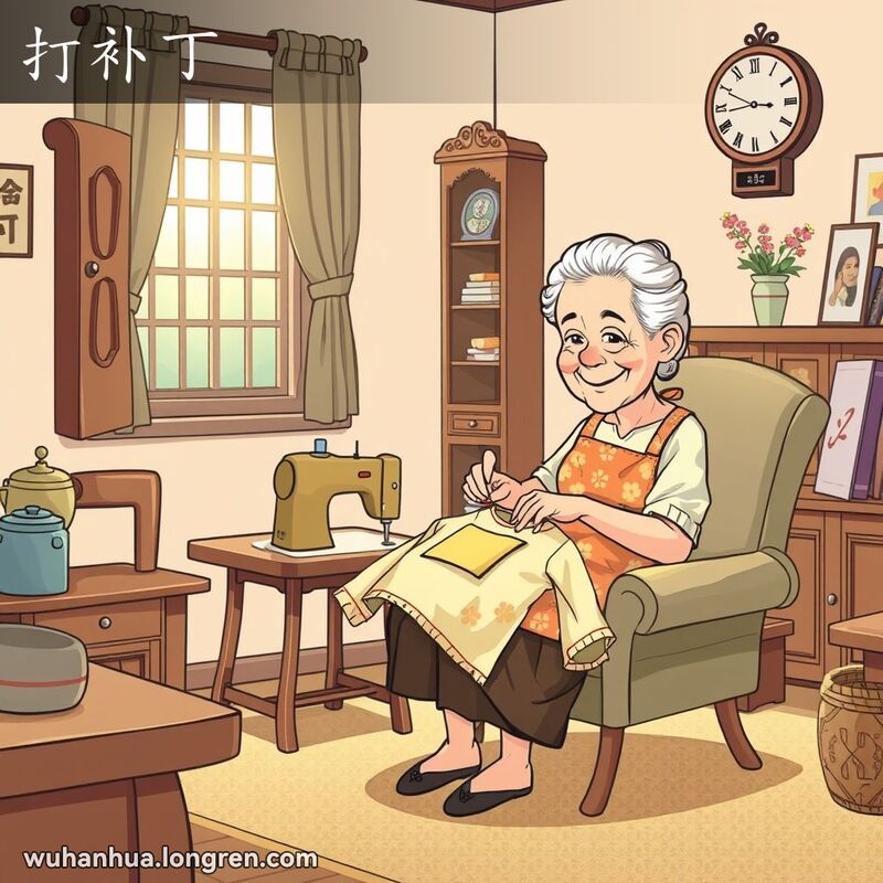 一位武汉奶奶在客厅里用缝纫机为破损的衣服缝补丁，背景有传统家具和家庭照片