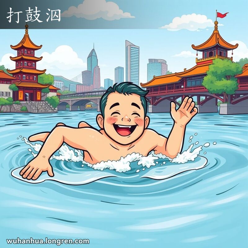 一个人在河中做狗刨式游泳，背景是武汉的黄鹤楼和长江大桥