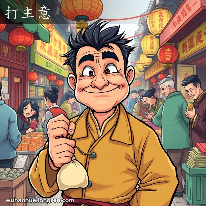一个狡猾的男子在武汉市场中手持硬币，目光紧盯富商，暗示他在打主意。