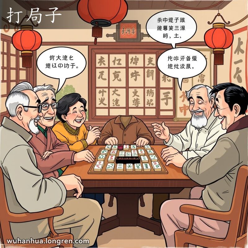 一群武汉老友在茶馆内围坐，桌上摆放着麻将牌，正在用武汉方言交谈