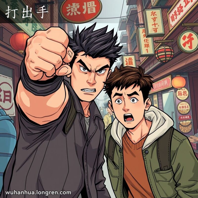 两位年轻男子在武汉街头市场对峙，一人握拳准备打人，另一人露出惊讶表情，背景是武汉老街景。