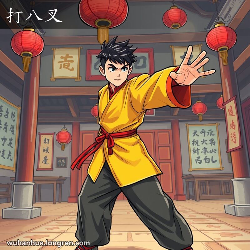 一位年轻武术家在武术馆内进行侧手翻动作，背景有木柱和红灯笼。